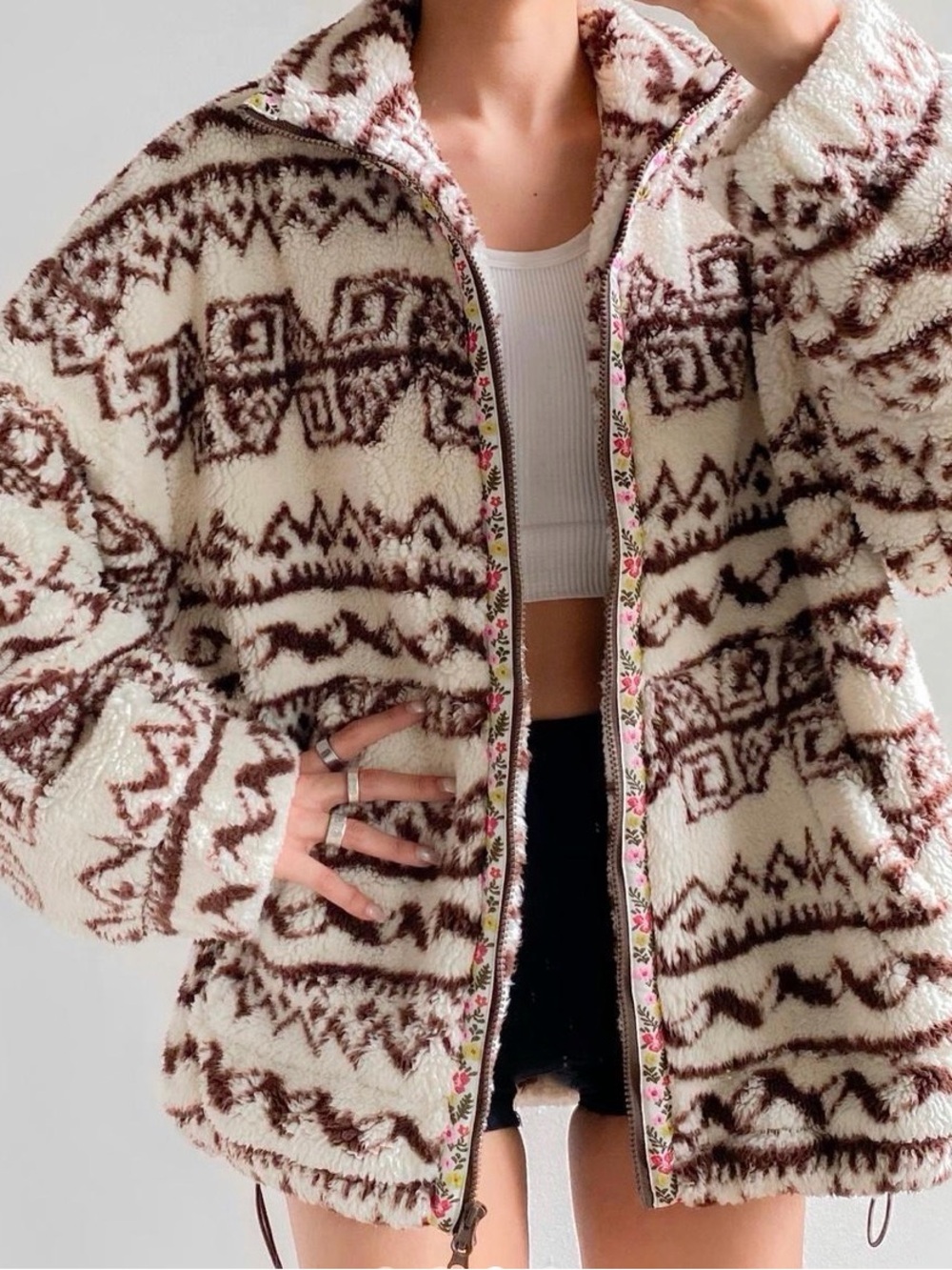 BDG Ivory Sherpa Jacket with Brown Geometric Pattern